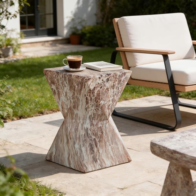 Outdoor Side Table, Faux Travertine Stone End Table, Magnesium Oxide Small Coffee Table, Multi‑Functional Garden Stool Plant Stand for Porch, Backyard Patio & Indoor 12.40"*18.30" Marble