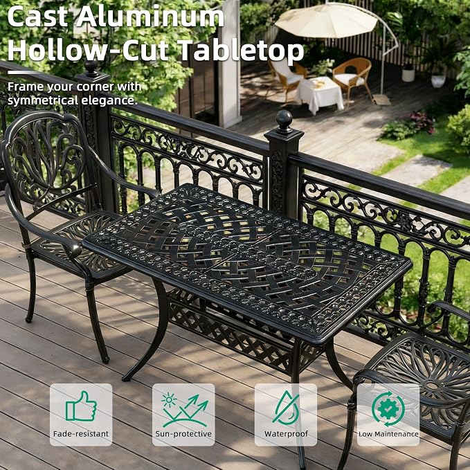 VIVIJASON 3 Piece Cast Aluminum Patio Bistro Set, Outdoor Dining Set with 42" x 24" Rectangular Table and 2 Armchairs, Rust Proof & Weather Resistant Furniture for Small Balcony, Porch, Garden, Deck