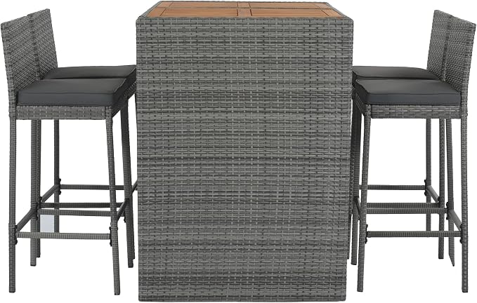 5-Pieces Outdoor Patio Wicker Bar Set,5-Piece Outdoor Patio Dining Set,Bar Height Chairs with Non-Slip Feet and Fixed Rope, Removable Cushion, Acacia Wood Table Top