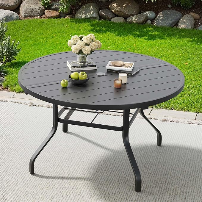HRVEOCEI 47" Outdoor Round Table with Umbrella Hole, Metal Patio Dining Tables for Lawn Garden, Wood-Like Grain Bistro Table Outdoor for Backyard,Poolside,Deck,Por (Black, Round)