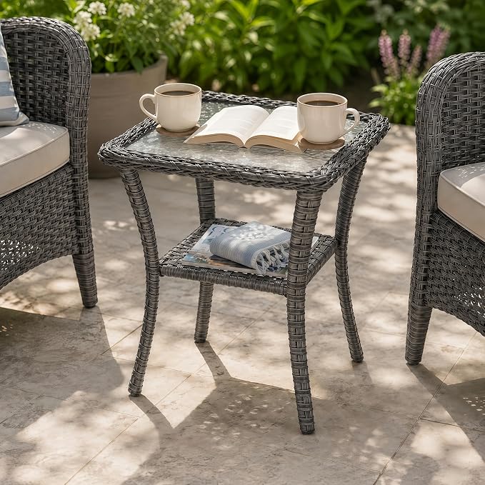 HUMMUH 20-Inch Wicker Patio Side Table with Tempered Glass Top, Grey | Powder-coated aluminum frame, PE rattan, lower storage shelf, 66 lbs capacity, 20x20x22 inches, hardware included
