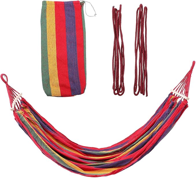 Generic Outdoor Canvas Travel Hammock with Striped Red Duckbill Buckle, Single-Person 190x150cm Hanging Hammock Swing with Rope and Storage Bag for Camping Hiking