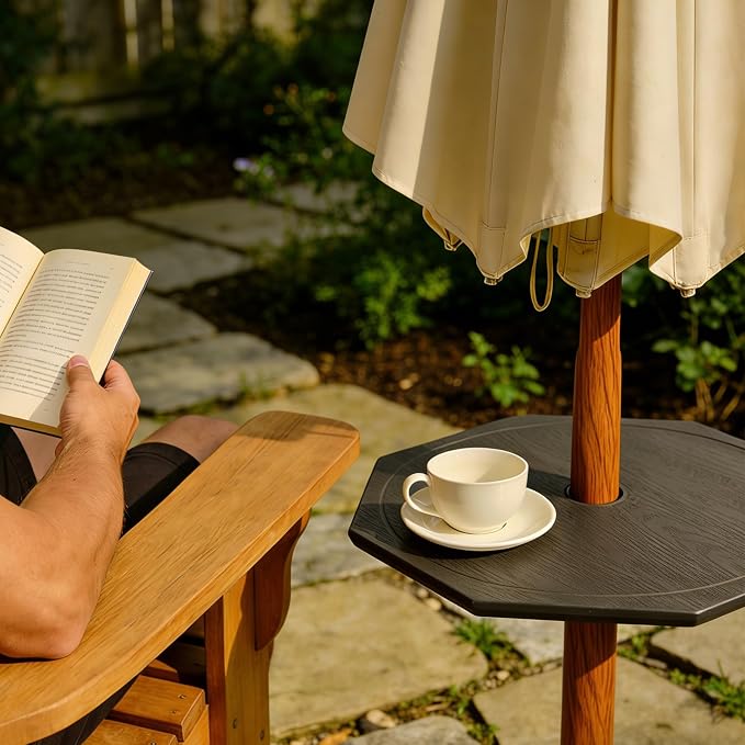 Patio Umbrella Table Tray with LED Light, 23” Outdoor Adjustable Portable Umbrella Table with Hole, All Weather PE Umbrella Tray for Beach, Poolside, Backyard, Garden, Classic Black