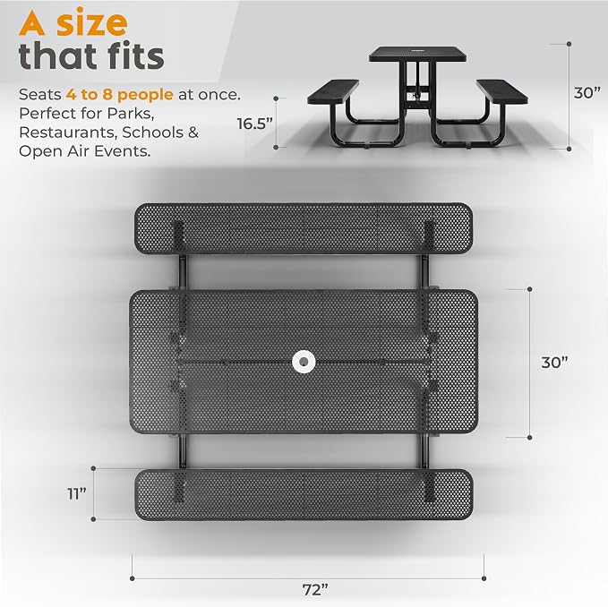 Commercial Heavy-Duty Metal Picnic Table - ADA Compliant, Adjustable Seats, Umbrella Hole (Black, 6' Rectangular, Punched Steel)