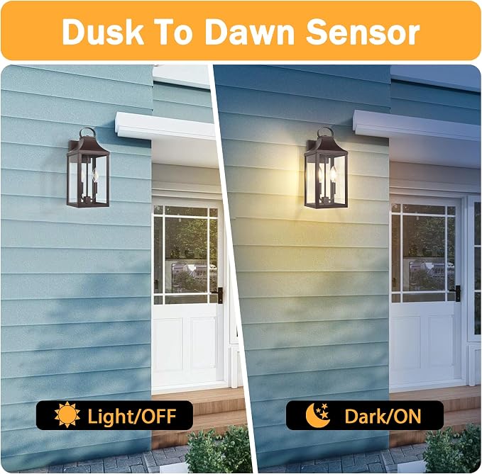 15" Dusk to Dawn Outdoor Wall Lantern 2-Light, Brown | Outside Modern Wall Sconce Light Fixture, Porch Light Wall Mount with E12 Sockets, Waterproof Exterior Lamp Lighting