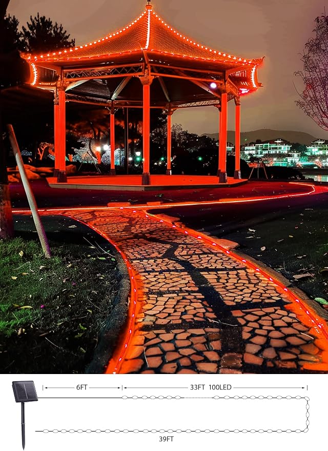 Brightown Halloween Solar Rope Lights, 39FT 100LED, Orange | IP65 Solar Fairy Lights with 8 Lighting Modes, Halloween Decoration Outdoor for Party Garden Yard Holiday Tree Decoration