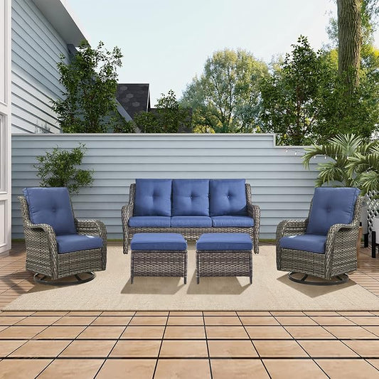 Rilyson 5 Piece Outdoor Patio Furniture Set - Rattan Wicker Patio Conversation Sets with 2 Swivel Rocker Chairs,2 Ottomans and 1 Sofa for Outside Porch Deck Backyard(Mixed Grey/Blue)
