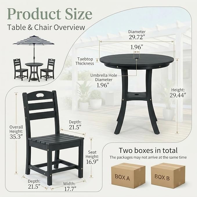 Black 3-Piece HDPE Outdoor Patio Bistro Set with Round Table and 2 Chairs