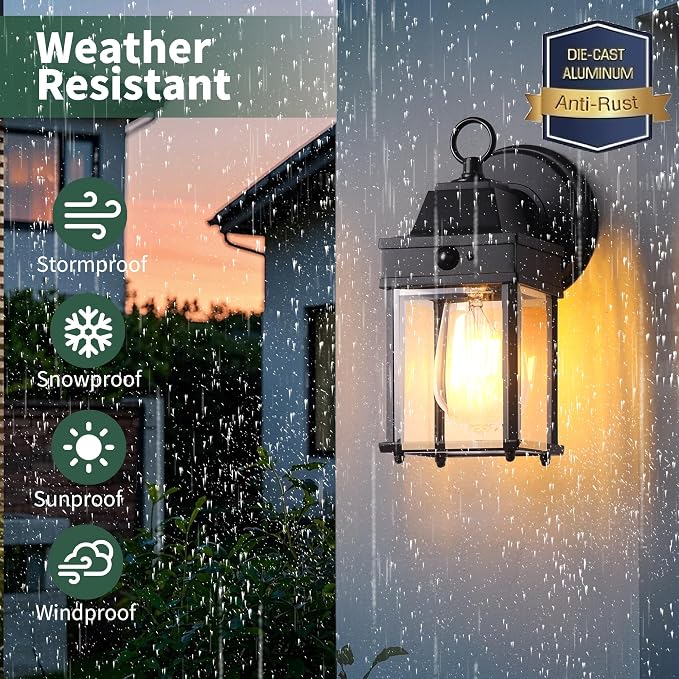 Motion Sensor Dawn to Dusk Sensor Outdoor Wall Light Fixtures Waterproof Porch Lights Outdoor Anti-Rust Black Exterior Lighting Fixtures for House Front Door -2 Pack