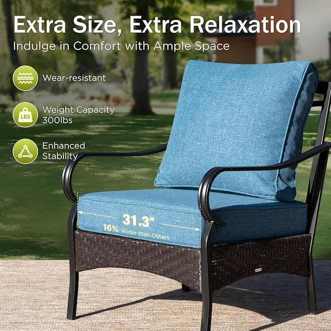 PHI VILLA Patio Furniture Set with 56" Fire Pit Table, Metal Frame Outdoor Conversation Sets, Wicker Patio Sectional Sofa Set with Ottomans for Porch, Deck, Poolside(6 Pieces, Navy)