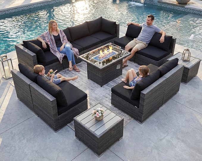 NICESOUL 13 Piece Outdoor Sectional Furniture with Firepit, Contemporary Back Yard Fireplace w/Seating Area, Plus Size 29.3'' High Back Patio Set, All-Weather Wicker Couch for Exterior, Gray & Black