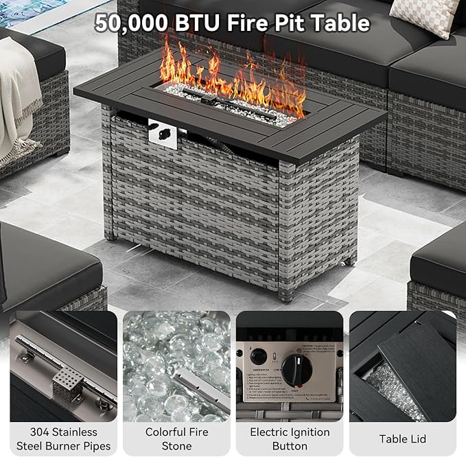 LazySunsets 8-Piece Patio Furniture Set with 44" Fire Pit Table, Wicker Outdoor Furniture, Patio Conversation Sets with Coffee Table, Outdoor Sectional Couch, Black