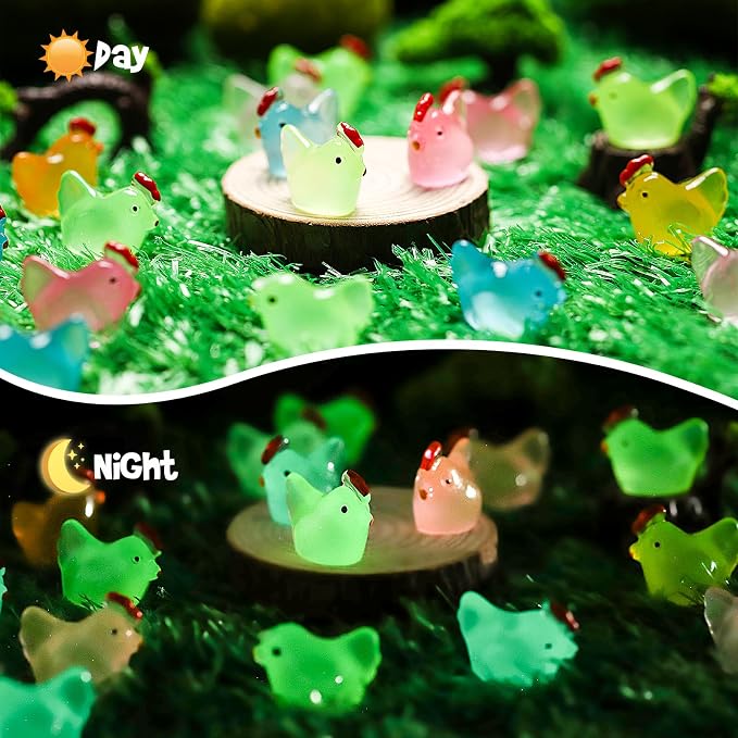 320 Pcs Luminous Mini Resin Chicken, Figurines Resin Miniature Animals 8 Colors, Glow in Dark Resin Chicken Hens Animal Figures for DIY Project, Garden, Dollhouse, Aquarium Decor, Glow at Night
