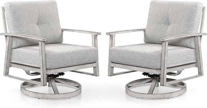 Outdoor Swivel Sofa Chairs Set of 2, Never Rusts All-Aluminum Outdoor Swivel Armchairs Set with Thick Cushions, 2-Piece All Weather Patio Sofa Chairs for Garden, Poolside, Lawn, White Oak