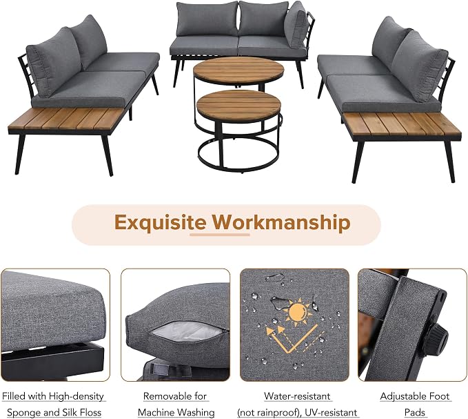 JIVOIT Outdoor Patio Sectional Sofa Set, Modern 6-Piece Conversation Set with Round Nesting Coffee Tables and Seating Sofa with Cushions for Patio, Porch and Garden (Grey * 33)