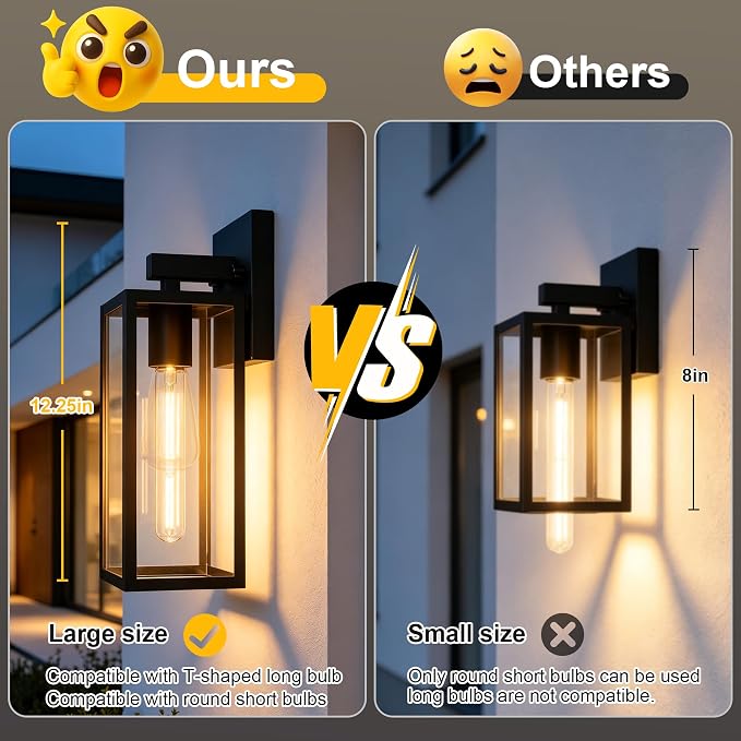 Kalium Porch Lights Outdoor Wall Light Fixture 2pcs, Matte Black, Wall Sconce 12.4 in, Toughened Frame, Clear Glass Shade, Waterproof Lanterns, for Patio, Exterior, Front, Door, Entryway