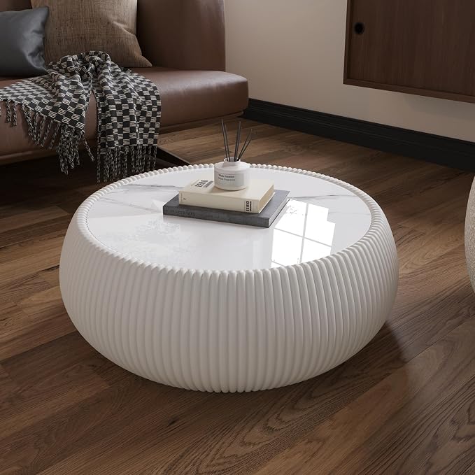 27.55" Round Coffee Table with Marble Top, Luxury Sintered Stone Coffee Table PU Leather Drum Center Tables Circle Cocktail Tea Table for Living Room Apartment No Assembly Cream White