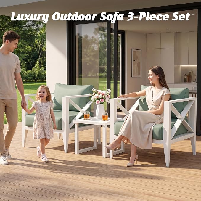 Aluminum Outdoor Patio Furniture Set, 3 Pieces Conversation Set with 5.2 Inch Cushions and Coffee Table, All-Weather Rust-Resistant Frame Conversation Set for Porch, Garden, Backyard, White