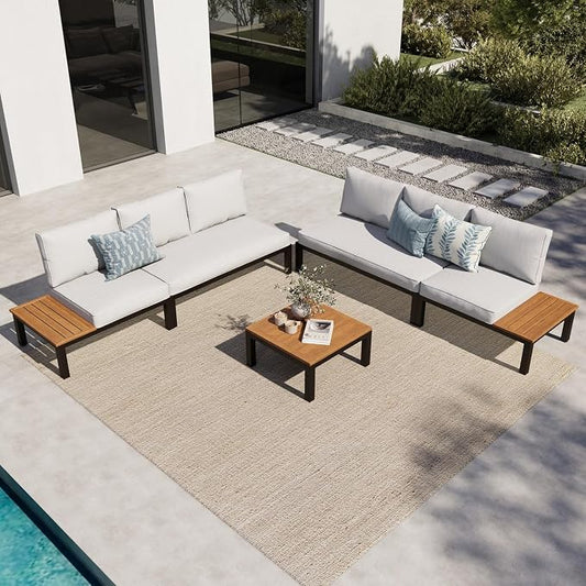 MFSTUDIO 5 Pieces Patio Furniture Set,Outdoor Metal Frame Patio Sectional Sofa Conversation Set with Coffee Table&Removable Cushion for Backyard,Garden,Poolside