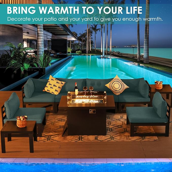 RADIATA 6 Person Modern Aluminum Outdoor Patio Furniture Set with Fireplace, 29 inch Wide Deep Seating, Fade Resistant L-Shaped Sectional Couch, Plus Size Conversation Set for Backyard Terrace, Teal