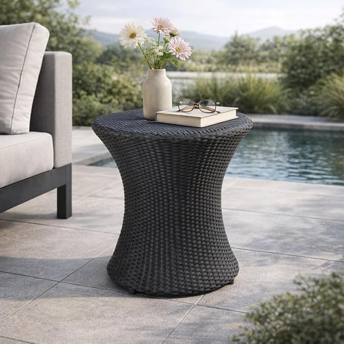 Outdoor PE Rattan Hourglass Side Table 19.75", No Assembly Wicker End Table, All-Weather Accent Table for Patio Balcony Living Room, Black