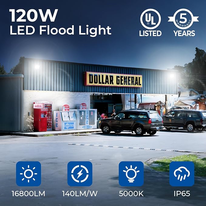 CINOTON 120W LED Flood Lights Outdoor, IP65 Waterproof Exterior Security Wall Lights with 180°Knuckle, 16800LM 120V Outside Aluminum Lighting Fixture for Courtyard Barn Garage 5000K 2 Pack, UL Listed