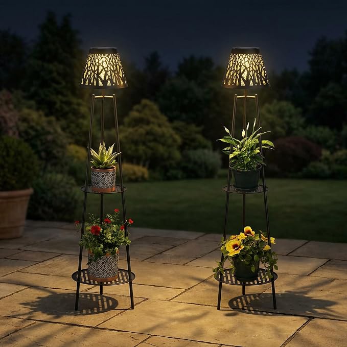 2 Pack Solar Floor Lamps Outdoor with 2-Tier Plant Stand, Metal Tall Planter Holder with Waterproof LED Lantern, Decorative Patio Light & Flower Pot Display Rack for Garden, Deck, Porch, Balcony