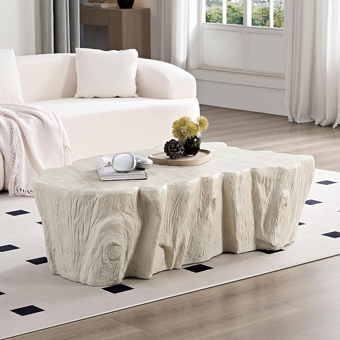 48.62'' Irregular Coffee Table Faux Stone Coffee Table for Living Room Modern Concrete Coffee Tables with Cement Live Edge Indoor Outdoor Center Tables No Assembly, Beige