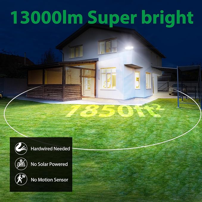 13000LM LED Flood Light Outdoor, Dusk to Dawn Security Light with Photocell, 130W Super Bright Hardwired Floodlight, 3 Adjustable Heads, IP65 Waterproof for Garage, Yard, Driveway, 6500K Daylight