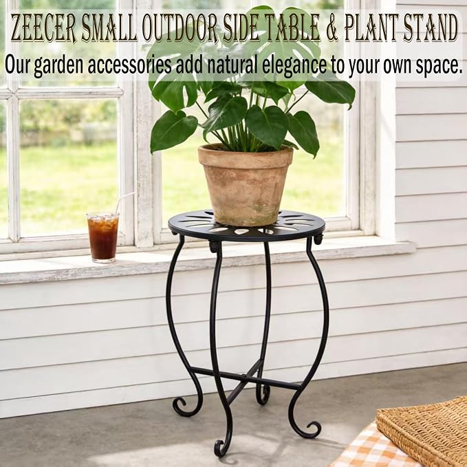 MINI Outdoor Side Tables, 10" Round 15" Tall Patio Side Table Plant Stand, Set of 1 Metal Small Round Side Table for Patio Yard Porch Balcony Garden Bedside Indoor Outdoor Use