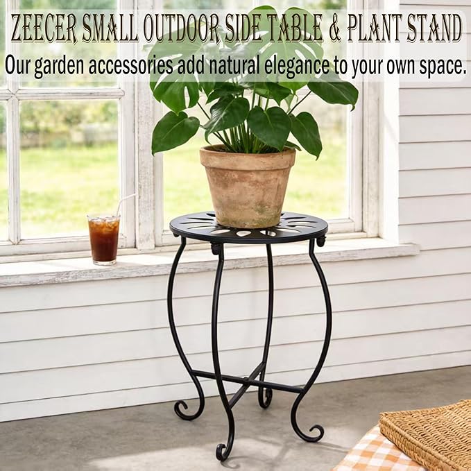 MINI Outdoor Side Tables, 10" Round 15" Tall Patio Side Table Plant Stand, Set of 2 Metal Small Round Side Table for Patio Yard Porch Balcony Garden Bedside Indoor Outdoor Use