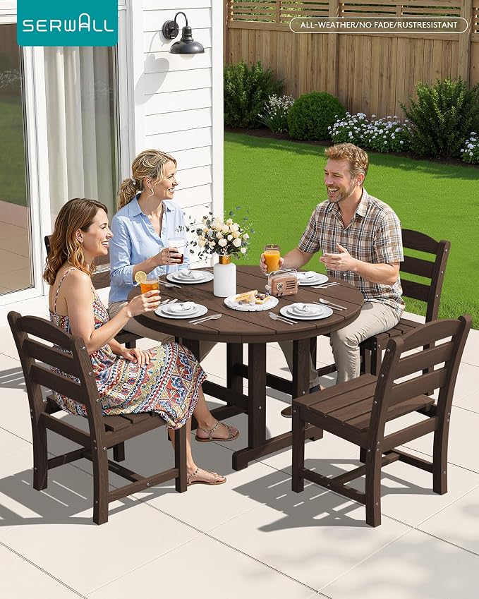 SERWALL 5-Piece Patio Dining Sets, HDPE Outdoor Table and Chairs Furniture Set, 45" Round Dining Table and 4 Armless Dining Chairs, Coffee