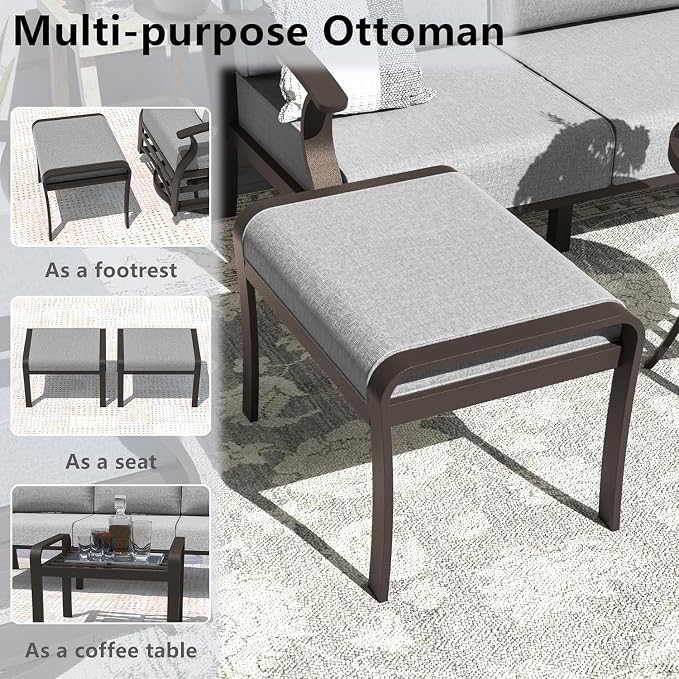 Aluminum Outdoor Patio Furniture Set,6 Pieces 5 Seats Patio Conversation Sets with 45" Propane Fire Pit Table,Metal Furniture Set with 2 Swivel Rocking Chairs & 2 Ottomans,Grey