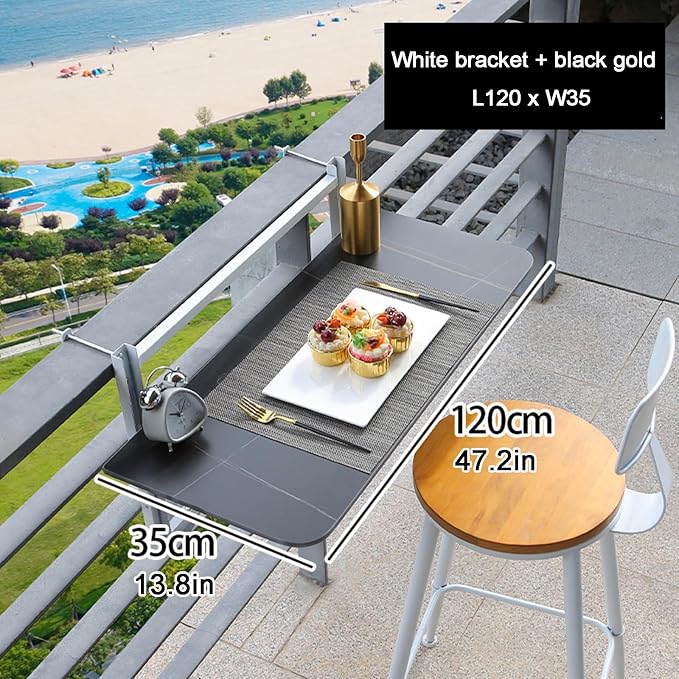 Adjustable Height Foldable Outdoor Balcony Railing Bar Table, Perfect for Patio, Deck & Balcony - Black Serving Table (47.2 x 13.8 inches)