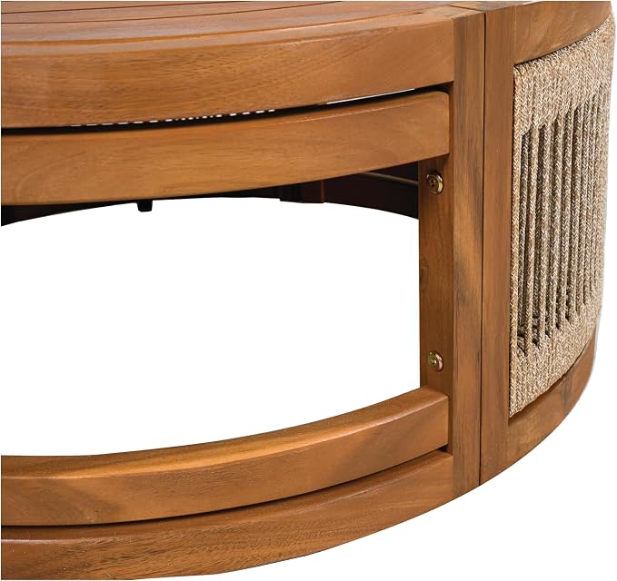 GDFStudio 27.95" Acacia Wood Outdoor Coffee Table, Handwoven Rope Accents, All-Weather Resistant Boho Patio Table with Elegant Slatted Design for Garden, Poolside, Deck, Patio Spaces, Teak