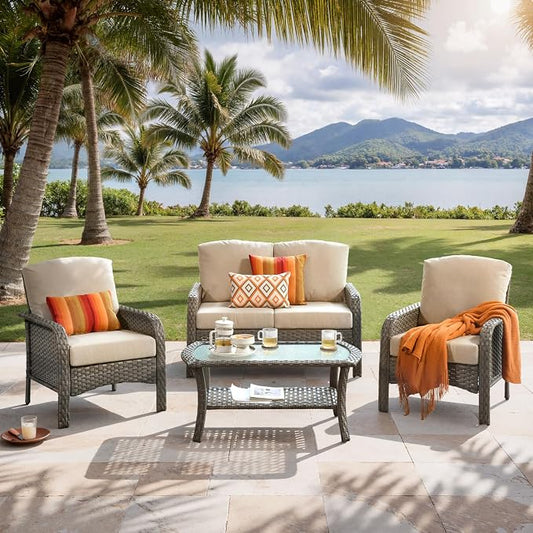 4-Piece Outdoor Patio Furniture Set with Coffee Table, Outdoor Conversation Wicker Sofa with Thickened Cushions, Rattan Couch for Deck Yard Poolside, Beige