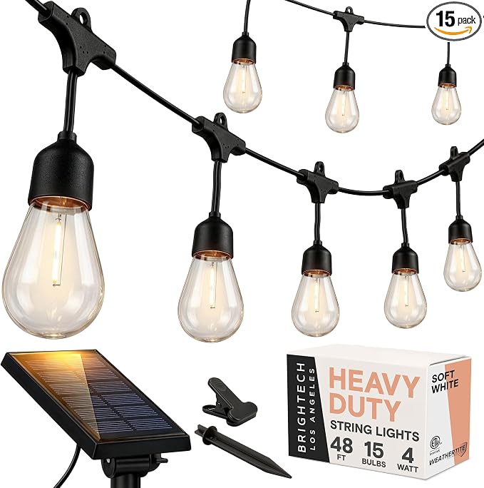 Brightech Ambience Pro - 48 Ft Waterproof, Solar Power Outdoor String Lights - 1W LED Hanging Edison Bulbs Create Bistro Ambience in Your Yard - Commercial Grade, Shatterproof - 15 Lights, Soft White