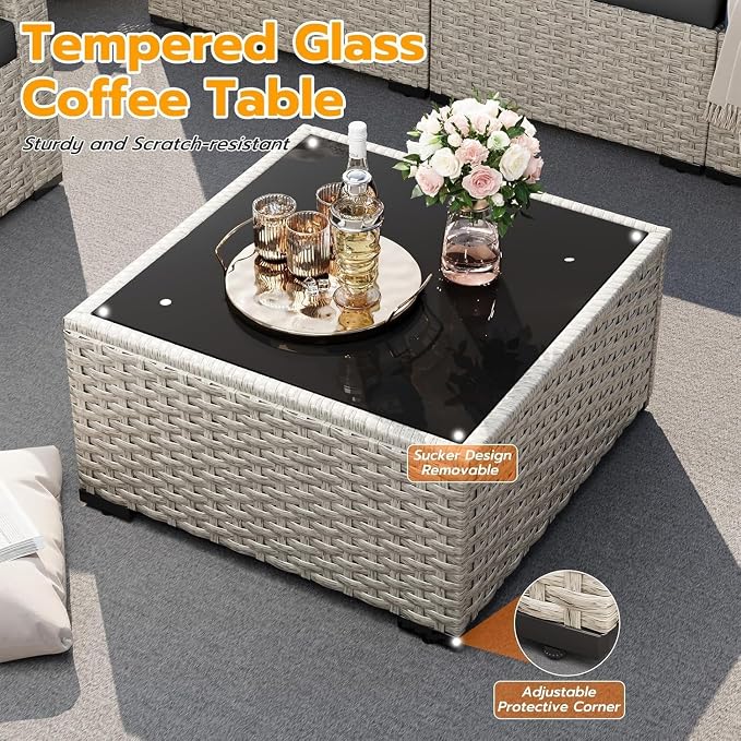 7-Piece Outdoor Patio Furniture Set with PE Wicker Sectional Sofa and Tea Table, Weather-Resistant Outdoor Conversation Set for Patio, Garden, Backyard Lounge Area(Gray2)