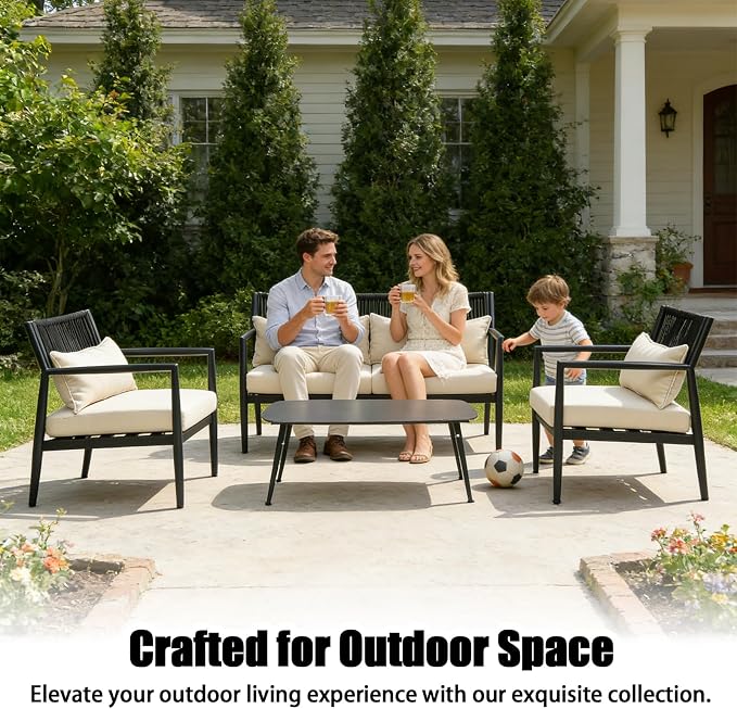 Outdoor Patio Furniture Set, 4 Seats Outdoor Sectional with Coffee Table, Patio Conversation Sets with PE Rope, Outdoor Sectional Sofa with Thick Cushions for Balcony, Porch (Black)