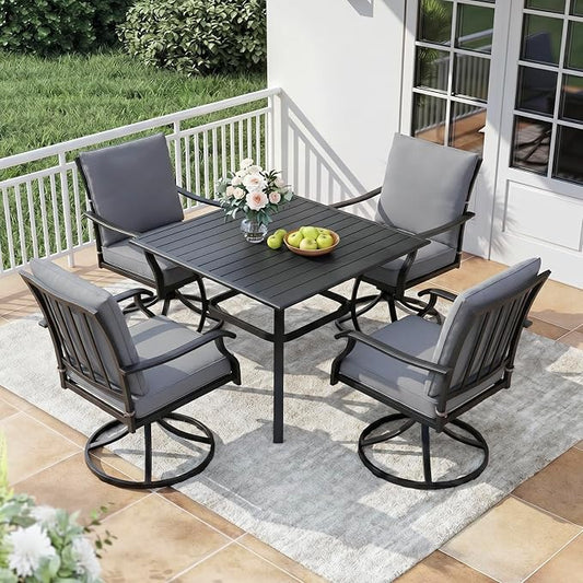 LVUYOYO 5-Piece Outdoor Patio Dining Set, Metal Swivel Chairs & Square Table Set, All-Weather Furniture for Backyard, Garden,Balcony,Porch (Gray)