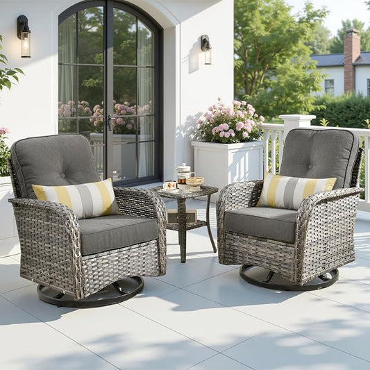 3 Pieces Patio Furniture Set, High Back Outdoor Swivel Rocker Chairs, Wicker Outdoor Furniture with Swivel Rocking Chairs and Side Table for Porch, Backyard, Balcony, Black