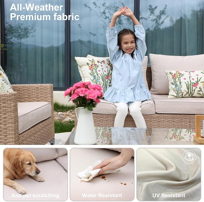 JOYURE 2 Pieces Patio Furniture Set,All Weather Rattan Loveseat with Tempered Glass Table for Porch,Deck,Backyard,Beige