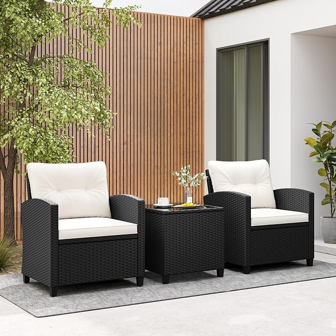 RELAX4LIFE 3-Piece Patio Furniture - Wicker Rattan Bistro Sofa Set w/Glass Top Coffee Table, Washable Cushions for Porch Balcony Backyard Poolside, Outdoor Conversation Set (Off White)