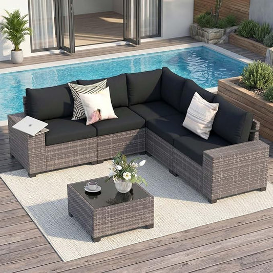 JOIVI 6 Piece Outdoor Patio Furniture Set - Wicker Sofa with Coffee Table, Powder-Coated Frame & Handwoven PE Rattan for All-Weather Durability, Ideal for Parties