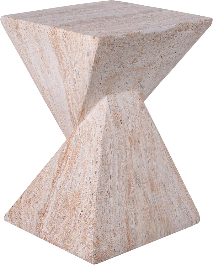Merax 18.5" H Modern Outdoor Concrete Side Table, Patio End Table with Sculptural Fluted Design, Weather-Resistant Geometric Minimalism Accent Table for Garden, Balcony & Poolside, Beige Marble
