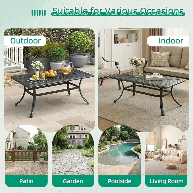 VIVIJASON Cast Aluminum Outdoor Coffee Table, 42 x 21 Inch Rectangular Patio Conversation Table with Lattice Top, Rust-Resistant All-Weather Center Table for Deck, Backyard, Porch, Antique Bronze