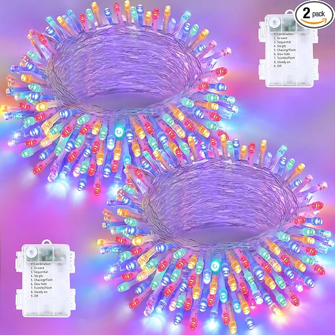 2 Pack 200 LED Battery Operated String Lights, Twinkle Lights Multicolor | 66FT 8 Modes Christmas Fairy Lights Indoor Outdoor, Waterproof Battery Lights for Bedroom Party Porch Tree Holiday Decor