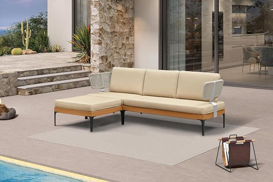 PURPLE LEAF Patio Furniture Set Outdoor Sectional Sofa with Fade-Resistant Cushions Wicker L-Shaped 4 Pieces Aluminum Conversation Sets with Ottoman for Balcony Yard Garden Poolside, Khaki