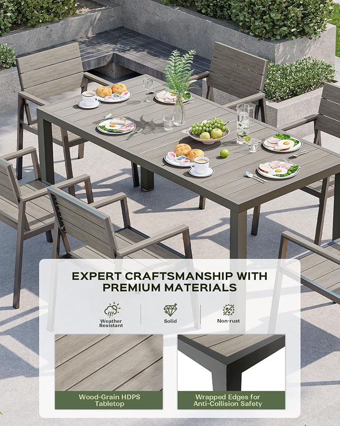 Vexwalx 7-Piece Outdoor Dining Set, Aluminum Dining Table Set for 6, Patio Table and Chairs Set (Gray)
