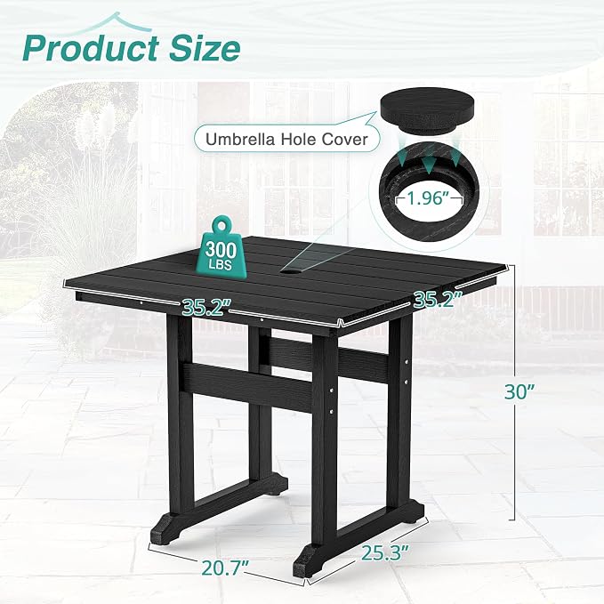 Square Outdoor Dining Tables for 4, HDPE Weather Resistant Patio Dining Table, 35" Outdoor Tables with 1.96" Umbrella Hole for Patio, Balcony, Backyard, Black